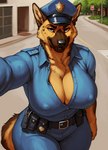 anthro belt big_breasts breasts cleavage clothed clothing confident erect_nipples female holster looking_at_viewer nipple_outline nipples open_clothing open_topwear outdoors police_hat police_uniform reaching_towards_viewer selfie smile solo standing street topwear unbuttoned_shirt uniform anonymous_director officer_bella_(u.d) canid canine canis domestic_dog german_shepherd herding_dog mammal pastoral_dog hi_res