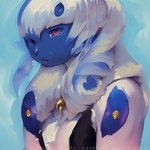 absol ambiguous_gender anthro attempted_signature blue_body blue_skin breasts cleavage clothed clothing dark_body dark_skin female fluffy fur generation_3_pokemon hair jewelry kittehlazer_(director) looking_aside low_res open_mouth pokemon_(species) red_sclera solo tuft white_body white_fur white_hair