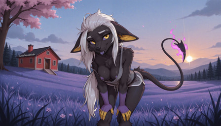 anthro blep building cherry_blossom clothed clothing dolphin_shorts ears_down female forest grass_field hands_on_legs hands_on_own_legs house landscape leaning leaning_forward nipple_slip off_shoulder outside pivoted_ears plant shirt solo sunset tank_top tongue tongue_out topwear tree djar17 kali_(djar17) canid canine canis jackal mammal absurd_res hi_res wallpaper