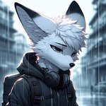 anthro canid canine city city_background fennec fox fur grey_eyes lucifluffy male mammal raining solo techwear white_body white_fur wilek