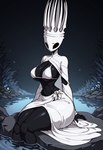 anthro big_breasts bikini black_body black_skin breasts clothing female female/female hollow_knight lakeside prompt rule63 sarong simple_background sitting_on_rock solo stable_diffusion swimwear thick_thighs white_bikini white_clothing white_swimwear alcholoicidiot pale_king_(hollow_knight) arthropod hi_res