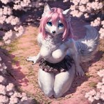 anthro black_claws black_nose blue_eyes bottomwear breasts canid canine cherry_blossom claws clothing female fur genitals hair hi_res looking_at_viewer mammal miniskirt navel nipples outside pink_hair plant pussy sitting sitting_on_ground skirt solo traialas white_body white_ears white_fur