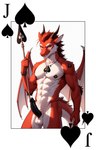 abs animal_ears anthro athletic athletic_male balls black_penis card dragon_tail erection eyebrows fur genitals hair holding_object holding_weapon horn jewelry looking_at_viewer male male_focus medium_hair melee_weapon membrane_(anatomy) membranous_wings multicolored_body necklace nipples penis playing_card poker polearm red_body red_fur red_hair simple_background smile solo solo_focus spades spear suit_symbol weapon wings yellow_eyes director_yeenashaven dragon furred_dragon absurd_res hi_res portrait three-quarter_portrait