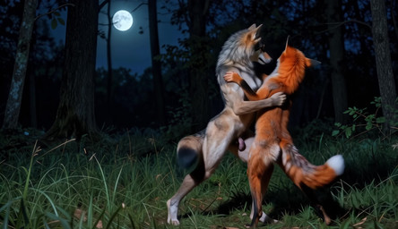 anthro canine_ears digitigrade duo embrace female fluffy fluffy_fur fluffy_tail forest fur genitals grass grey_body grey_fur hug kissing light male male/female moon moonlight orange_body orange_fur penis plant realistic realistic_fur realistic_lighting sound_effects sound_warning tree zabern canid canine canis fox mammal wolf absurd_res animated hi_res short_playtime sound webm