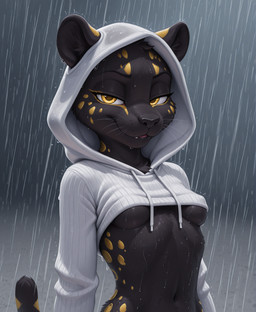 bedroom_eyes black_body black_fur black_nose breasts clothed clothing cropped_hoodie eyebrows eyelashes female fur half-closed_eyes hood hoodie inner_ear_fluff looking_at_viewer markings melanistic narrowed_eyes navel open_mouth outside raining seductive small_breasts smile solo spots spotted_body spotted_fur tail teeth topwear tuft under_boob wet wet_body wet_fur whiskers white_clothing white_hoodie white_topwear yellow_body yellow_eyes yellow_fur alucard_(director) meme_clothing felid jaguar mammal pantherine absurd_res half-length_portrait hi_res meme portrait
