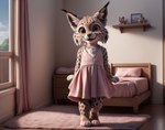 anthro bedroom brown_eyes carpet clothed clothing cute_fangs dress facial_tuft felid feline female fluffy looking_at_viewer lynx mammal orionbonnie pink_clothing pink_dress smile solo solo_focus spots spotted_body standing young