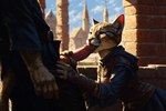 anthro clothed clothing duo fellatio female male male/female oral penile public public_sex sex urban hyperion felid feline khajiit mammal