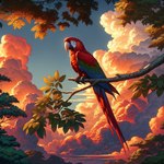 blue_body blue_feathers cloud cloudy dall-e_3 feathered_wings feathers feral green_body green_feathers light plant red_body red_feathers solo sunlight sunset tree wings parrowing avian bird macaw neotropical_parrot parrot true_parrot absurd_res colorful hi_res