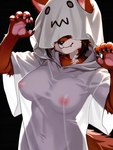 anthro black_background brown_hair claw_pose clothing costume fangs female fur ghost_costume hair halloween large_breasts nipple_outline nipples red_body red_fur simple_background smile solo translucent translucent_clothing wheel_of_fortune canid canine fox ghost mammal spirit hi_res