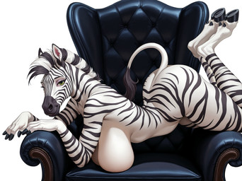 4_fingers anthro armchair big_breasts black_body black_fur black_nose breasts chair eyebrows eyelashes female fingers fur furniture green_eyes hanging_breasts hooved_fingers hooves inner_ear_fluff legs_up lying mohawk multicolored_body multicolored_fur nude on_armchair on_front prick_ears raised_tail simple_background solo solo_focus striped_body stripes tail tail_tuft tuft white_background white_body white_fur zaxxxer_(director) equid equine mammal zebra absurd_res hi_res shaded soft_shading