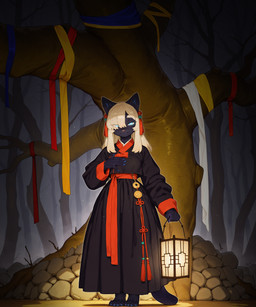 accessory anthro asian_clothing black_body black_clothing blue_claws blue_cloth blue_eyes cairn claws clothing dark east_asian_clothing eye_through_hair eyelashes fabric female fog forest glowing glowing_eyes hair hair_accessory hair_over_eye hanbok hand_on_chest holding_object korean_clothing lamp lantern light long_eyelashes looking_at_viewer on_ground one_eye_obstructed plant red_cloth ribbons rock shrine solo standing translucent translucent_hair tree white_cloth white_hair yellow_cloth burioth domestic_cat felid feline felis mammal absurd_res hi_res