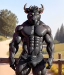 abs absurd_res anthro areola black_body black_fur bottomwear bovid bovine bulge bumblebee95 chest_tuft clothed clothing detailed detailed_background detailed_fur fur hi_res male mammal minotaur muscular nipples pecs pubes realistic shorts solo standing topless tuft vein