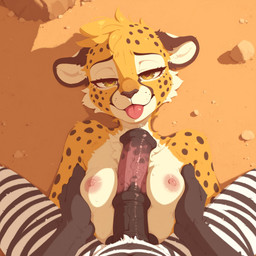 animal_genitalia animal_penis anthro balls big_penis bodily_fluids breast_grab breasts duo equine_genitalia equine_penis female first_person_view fur genital_fluids genitals green_eyes hand_on_breast holding_breast imminent_sex larger_dom_smaller_sub larger_male looking_at_viewer looking_forward lying lying_on_ground male male/female male_on_top male_pov medial_ring narrowed_eyes nipples on_back on_ground on_top outside penis penis_between_breasts precum rock size_difference solo_focus stripes sweat tongue tongue_out vein veiny_penis white_body white_fur yellow_body yellow_fur unknown_director cheetah equid equine felid feline mammal zebra absurd_res hi_res