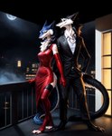 anthro armwear balcony blue_eyes chest_tuft city city_background clothing digitigrade dress duo elbow_gloves female full_moon gloves green_eyes handwear hi_res legwear looking_at_viewer male male/female moon night oldhroft red_clothing red_dress romantic romantic_couple sergal standing suit thigh_highs tuft unbuttoned