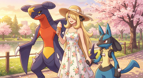 accessory ambiguous_gender anthro blonde_hair blue_body cherry_blossom cherry_blossom_tree cherry_tree claws clothing dessert dress female food fruit_tree group hair hair_accessory hand_holding hat headgear headwear holding_object ice_cream long_hair open_mouth open_smile outside park path plant pokemon_champion pond semi-anthro sharp_teeth smile straw_hat sundress teeth tree trio tuft water tyto4tme4l nintendo pokemon cynthia_(pokémon) garchomp generation_4_pokemon human lucario mammal pokemon_(species) absurd_res hi_res