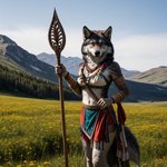 anthro female flower hill jewelry meadow melee_weapon necklace plant polearm solo stable_diffusion staff standing tree tribal tribal_clothing tribal_jewelry tribal_necklace weapon gopossum canid canine canis mammal wolf