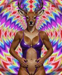 5_fingers abstract_background amber_eyes anthro antlers black_ear_tips black_fingernails black_nose black_pussy breasts brown_body brown_fur cleavage clothed clothing crotchless_clothing eyelashes female fingers fur genitals glistening glistening_clothing hands_on_belly horn inner_ear_fluff looking_at_viewer medium_breasts navel neutral_expression o-ring one-piece_swimsuit psychedelic purple_clothing pussy solo standing swimwear tuft silvicultor cervid mammal half-length_portrait hi_res portrait