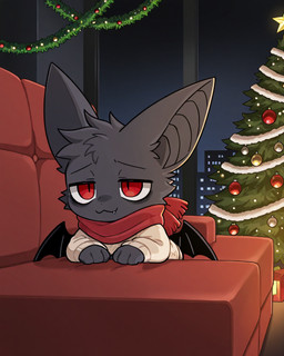 anthro bags_under_eyes bat_ears bat_wings chibi christmas_background christmas_clothing clothing facial_tuft fluffy fluffy_fur inner_ear_fluff male membrane_(anatomy) membranous_wings neck_tuft red_eyes scarf solo solo_focus sweater topwear tuft tusks wings alastorgj pip_(alastorgj) bat mammal hi_res
