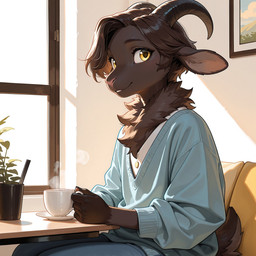 androgynous anthro black_horn cafe container cup dark_brown_fur hair horn looking_at_viewer male mug neck_tuft pink_nose short_hair sitting solo steam tea_cup tuft window yellow_eyes wickerbasket bovid caprine goat mammal hi_res