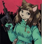 anthro brown_body brown_fur brown_hair city city_background cityscape clothing female fur green_eyes gun hair military military_uniform ranged_weapon smile solo uniform weapon technical_monkey albedo_anthropomorphics erma_felna:_edf erma_felna domestic_cat felid feline felis mammal