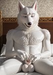 4_fingers animal_genitalia anthro balls bed bedroom black_nose blue_eyes bodily_fluids canine_nose chest_tuft claws day detailed_background finger_in_sheath fingering fingers fluffy fluffy_tail front_view fur furniture genital_fluids genitals hotel_room inner_ear_fluff inside looking_down looking_pleasured male masturbation monotone_body monotone_fur neck_tuft nipples nude on_bed open_mouth penis penis_tip pillow precum realistic realistic_fur sharp_teeth sheath sheath_fingering sheath_play sitting sitting_on_bed solo spread_legs spreading teeth tuft whiskers white_body white_fur scoutr jimmy_crystal arctic_wolf canid canine canis mammal wolf 3d_(artwork) digital_media_(artwork) hi_res