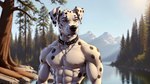 abs absurd_res anthro areola bumblebee95 canid canine canis clothed clothing collar dalmatian detailed detailed_background detailed_fur domestic_dog hi_res jewelry looking_away male mammal muscular necklace nipples pecs pubes realistic solo standing topless wallpaper