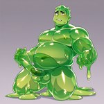 balls bite biting_lip blush chubby_male cross-eyed erection food fruit genitals green_body humanoid_genitalia humanoid_penis kneeling male masturbation melting muscular overweight penis plant simple_background solo avocado goo_creature goo_humanoid humanoid