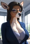 anthro breasts brown_hair business_clothing cleavage clothed clothing eyebrows eyelashes eyewear fur glasses hair long_hair looking_at_viewer male multicolored_body multicolored_fur office office_clothing purple_eyes solo suit two_tone_body two_tone_fur majorfluffy_(director) capreoline cervid mammal white-tailed_deer hi_res