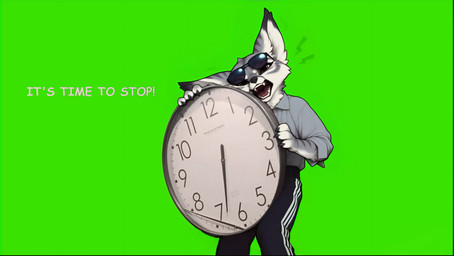 4_fingers ambiguous_gender anthro arm_tuft black_body black_bottomwear black_claws black_clothing black_fur black_nose black_pants blizzard_entertainment bottomwear brown_eyes canine_nose canine_teeth cheek_tuft claws clock clothed clothing collared_shirt dialogue dress_shirt ear_tuft eyewear eyewear_on_head facial_tuft finger_claws fingers front_view fur green_background grey_body grey_clothing grey_fur grey_shirt grey_topwear head_tuft holding_object inner_ear_fluff large_clock long_sleeves looking_at_viewer multicolored_body multicolored_ears multicolored_fur neck_tuft open_mouth pants pattern_bottomwear pattern_clothing pattern_pants rolled_up_sleeves shirt simple_background solo standing striped_bottomwear striped_clothing striped_pants stripes sunglasses sunglasses_on_head talking_to_viewer text tongue topwear track_pants tuft white_body white_fur yelling knotanotherfurry warcraft canid mammal vulpera 2025 english_text hi_res meme