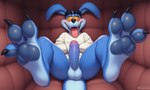anthro ball blue_body blue_fur blush bodily_fluids claws eyebrows feet feet_up foot_focus foreskin fur genitals humanoid_genitalia humanoid_penis male pawpads penis restraints solo spiral_eyes straitjacket sweat sweaty_feet text thick_eyebrows toe_claws tongue tongue_out sergalbutt crash_bandicoot_(series) ripper_roo kangaroo macropod mammal marsupial hi_res signature url