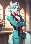 anthro clothed clothing crossed_arms dust:_an_elysian_tail elegant flower formal_clothing inside looking_at_another male plant solo standing suit topwear vest window_light gamerfox dust_(elysian_tail) canid canine fox mammal