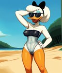 anatid anseriform anthro avian bangs beach beak bird blue_eyeshadow bow_(feature) breasts camel_toe centered_hair_bow clothing cloud9999 daisy_duck disney duck ducktales ducktales_(2017) eyebrows eyeshadow eyewear female gris_swimsuit hair hair_bun hand_behind_head hand_on_hip hi_res makeup nipple_outline open_mouth open_smile orange_legs portrait scut_tail seaside short_tail smile solo sunglasses swimwear three-quarter_portrait tight_clothing tongue translucent tuft white_body white_hair white_skin