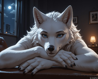 anthro blue_eyes close-up female fur head_on_hand looking_at_viewer night smile smiling_at_viewer solo white_body white_fur ivorymane canid canine canis mammal wolf watermark