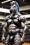 anthro clothing harness jockstrap male muscular rainbow river solo underwear weights woods equid equine mammal zebra absurd_res hi_res