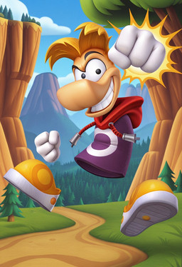 clenched_teeth cliff clothed clothing fist floating_hands footwear forest hair hoodie jumping male mountain mountains outside plant punch sky smile solo teeth topwear tree tuft white_body boxen549 rayman_(series) ubisoft rayman humanoid raypeople_(rayman) hi_res