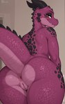 anthro anus big_butt black_body black_scales butt female genitals half-closed_eyes horn looking_back narrowed_eyes orange_eyes purple_body purple_scales pussy rear_view scales smile solo warizard kobold absurd_res hi_res signature