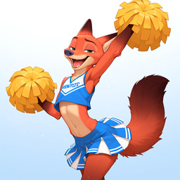 bottomwear cheerleader cheerleader_outfit clothed clothing countershading crop_top crossdressing disney femboy fluffy fur gloves_(marking) green_eyes half-closed_eyes holding_object inner_ear_fluff looking_at_viewer male male_anthro markings midriff narrowed_eyes navel open_mouth open_smile orange_body orange_fur pom_poms pose seductive shirt simple_background skirt smile solo standing tail tan_body tan_fur teeth text tongue topwear tuft white_background mags_(director) zootopia nick_wilde canid canine fox mammal red_fox english_text