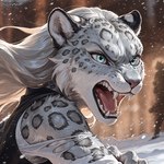 angry anthro close-up clothing fangs female fur hair long_hair solo teeth torn_clothing ivorymane felid mammal pantherine snow_leopard watermark