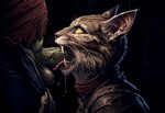 anthro bodily_fluids clothed clothing duo fellatio female gagging male male/female oral partially_clothed penile saliva sex side_view hyperion felid humanoid khajiit mammal orc