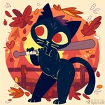 anthro autumn baseball_bat bat_(object) biped black_body falling_leaves female fence flat_chested fur genitals leaf navel notched_ear nude outside plant pussy red_eyes solo standing text tree whiskers sergalbutt night_in_the_woods mae_borowski domestic_cat felid feline felis mammal 1:1 signature url