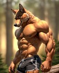 abs absurd_res anthro areola bottomwear bulge bumblebee95 canid canine canis chest_tuft clothed clothing detailed detailed_background detailed_fur hi_res looking_aside male mammal muscular nipples pecs pubes realistic shorts solo standing topless tuft vein wolf
