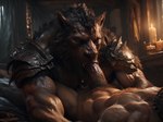 abs anthro armor bed biceps black_body black_fur bodily_fluids body_hair candle candlelight chest_hair detailed detailed_background dripping duo erection eyes_closed facial_scar facial_tuft fellatio fur furniture genital_fluids genitals gnoll head_tuft human human_on_anthro human_on_humanoid humanoid humanoid_genitalia humanoid_penis hyaenid interspecies light lying male male/male mammal muscular muscular_anthro muscular_male nude on_back on_bed oral oral_penetration pecs penetration penile penis pubes saliva saliva_drip saliva_on_penis scar sex themaninthewall tuft vein veiny_penis