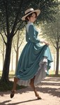 blue_clothing blue_dress brown_hair clothed clothing clothing_lift cloven_hooves dewclaw_hooves dress dress_lift female fully_clothed hair hair_bun hat headgear headwear hooves long_dress looking_at_viewer looking_back looking_back_at_viewer path plant presenting_ankles shadow side_view slight_smile solo tree walking degenstoic animal_humanoid cervid cervid_humanoid humanoid mammal mammal_humanoid satyr hi_res