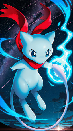 3_fingers 3_toes ambiguous_gender blue_body blue_eyes cloud feet feral fingers flying long_tail mountains night paws psychic_energy psychic_powers red_scarf scarf shooting_star solo star sunset toes yiff_ai_(director) nintendo pokemon generation_1_pokemon legendary_pokemon mew pokemon_(species) shiny_pokemon hi_res