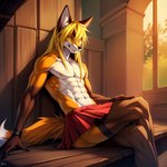 anthro blonde_hair bottomwear canid canine clothing fox fur hair hi_res kerrija male mammal orange_body orange_fur red_clothing red_fox seductive skirt solo