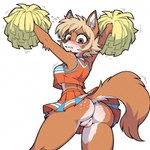 alternate_species biped blonde_hair blush bodily_fluids bottomwear breasts brown_eyes butt cheerleader cheerleader_outfit clothed clothing embarrassed female freckled_butt freckled_face freckled_shoulders freckles fur furrification genitals hair inner_ear_fluff innie_pussy looking_at_viewer looking_back midriff miniskirt no_underwear orange_body orange_fur pom_poms pussy rear_view shirt shy simple_background skirt solo spots standing sweat tail topwear tuft upskirt white_background anonymous_director heather_mason_(silent_hill) canid canine fox mammal hi_res