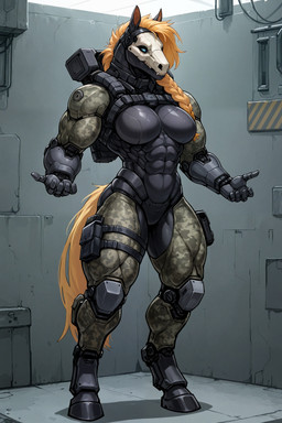 anthro blond_hair blue_eyes bone braided_hair camo cybernetics female hair machine muscular muscular_female skull skull_head solo standing anonymous_director cyborg equid equine mammal absurd_res hi_res