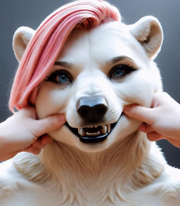 anthro bared_teeth black_lipstick black_mascara blue_eyes curvy_figure eyelashes face_squish fangs female fur hair highlights_(coloring) lipstick looking_at_viewer makeup open_mouth pinch pink_hair pouting realistic realistic_fur realistic_lighting sound_warning squish teeth undercut voluptuous white_body white_fur nnam_si3 mammal polar_bear ursid ursine animated short_playtime sound webm