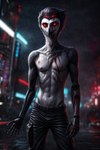 absurd_res anthro avian beak blood bodily_fluids clothed clothing cybernetic_arm cybernetic_limb cybernetics cyberpunk glowing glowing_eyes grey_body hair hi_res machine male night nipples owl_demon partially_clothed raining red_eyes solo standing stolas_(helluva_boss) tamrad topless wet wet_body