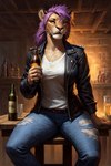 alcohol amber_eyes anthro athletic athletic_female bar beer beverage big_breasts black_clothing black_jacket black_topwear blue_bottomwear blue_clothing blue_jeans blue_pants bottomwear breasts chair clothing curvy_figure denim denim_clothing detailed_background dirty drinking drunk female furniture hair jacket jeans liquor_bottle long_hair on_chair pants purple_hair sitting sitting_on_chair solo substance_intoxication tavern topwear torn_bottomwear torn_clothing torn_pants white_blouse hellapoc felid lion mammal pantherine